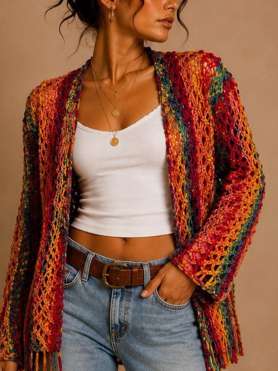 Jessica London Sweaters - Multicolor Open-Knit Fringe Women's Cardigan Sweater size large